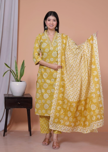 Mustard Cotton Printed Suit Set