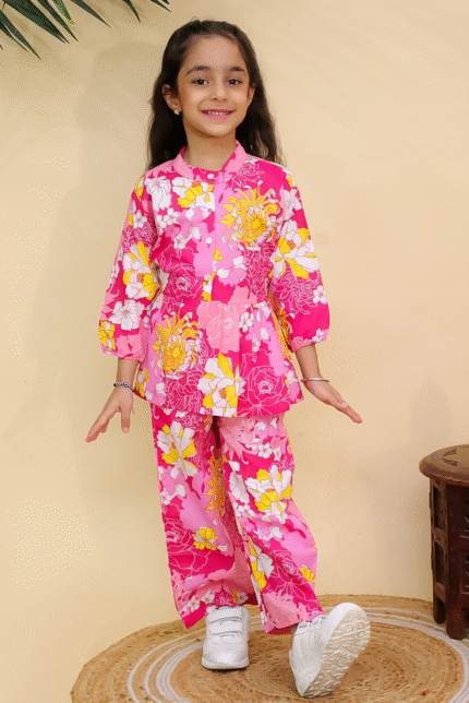 Girls Pink Floral Printed Co-ord Set