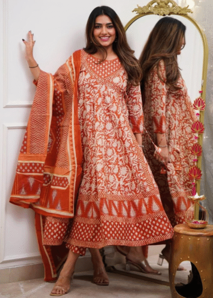 Rust Handblocked Printed Angrakha Suit Set