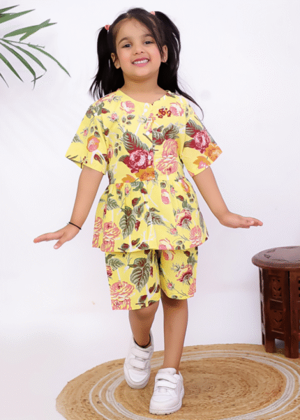Girls Yellow Casual Printed Co-ord Set