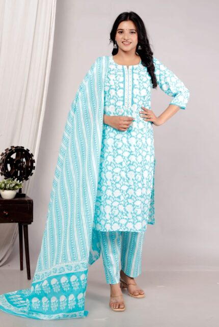 Sea Green Cotton Printed Suit Set