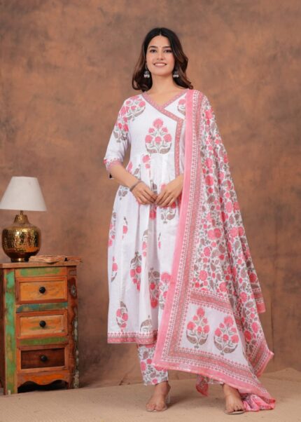 White And Pink Love Angrakha Suit Set