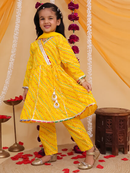 Yellow Leheriya Printed Anarkali Set
