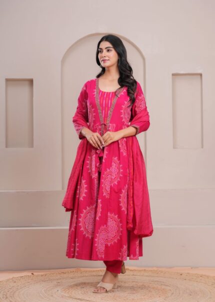 Pink Bandhej Flaired Anarkali Suit Set