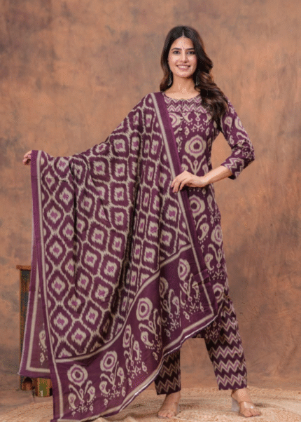Purple Ikkat Printed Suit Set